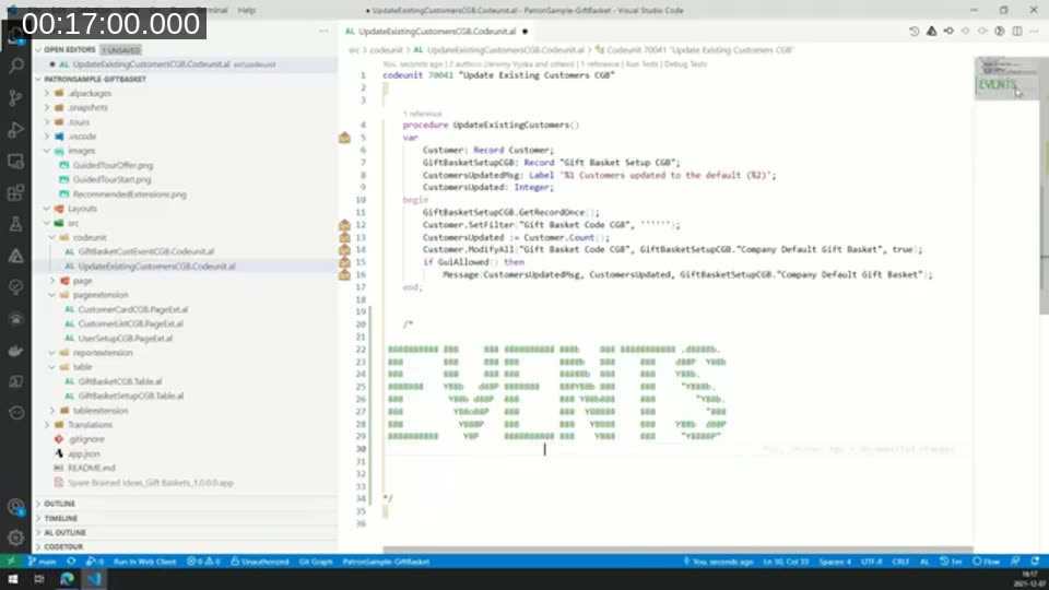 Banner Comments extension rendering an ASCII-art section banner visible in the code and the minimap