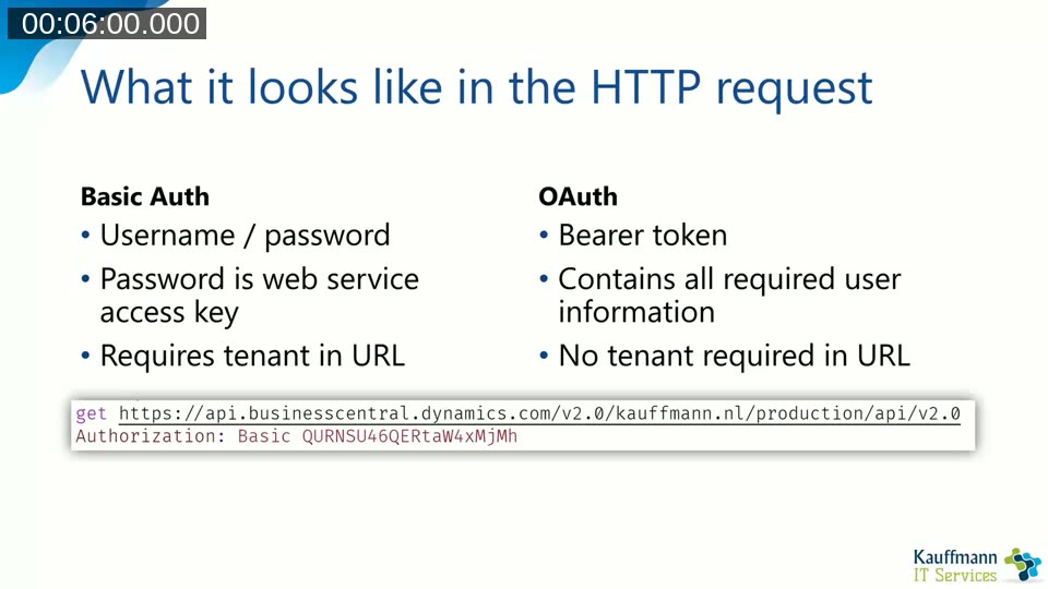 Slide comparing Basic Auth and OAuth in the HTTP request, showing the Authorization header for each