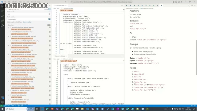 Slide recapping basic regex tokens: dot, character classes, shortcuts, quantifiers, anchors, or, and groups, next to the live AL search results