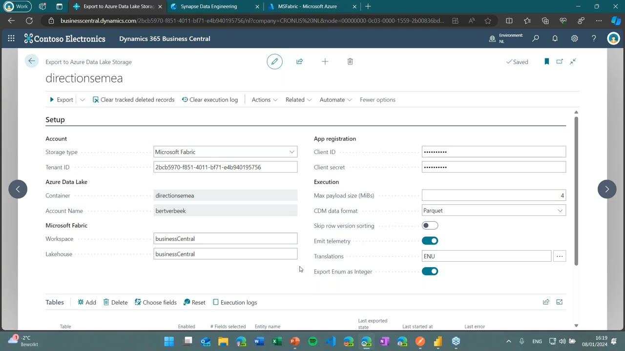 Export to Azure Data Lake Storage setup page in Business Central: Microsoft Fabric workspace/lakehouse fields alongside execution settings like max payload size, CDM data format and translations.