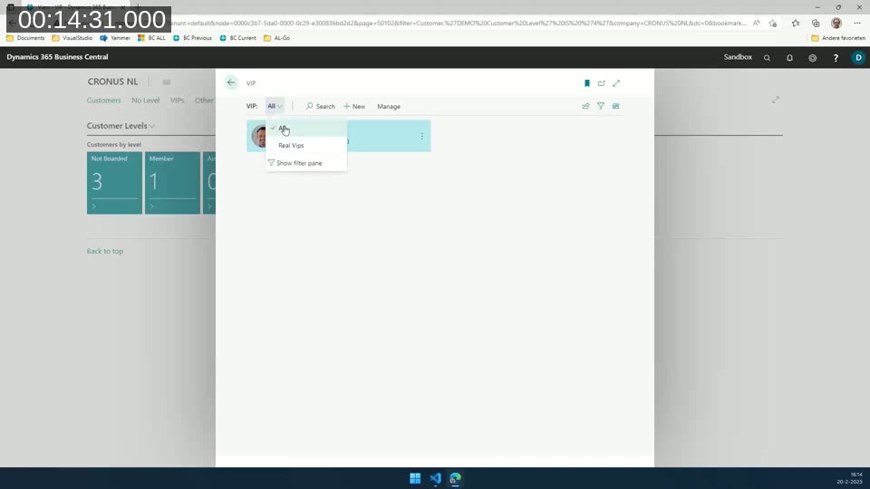 Legacy view selector dropdown on a list page in Business Central 20, showing All and Real Vips views
