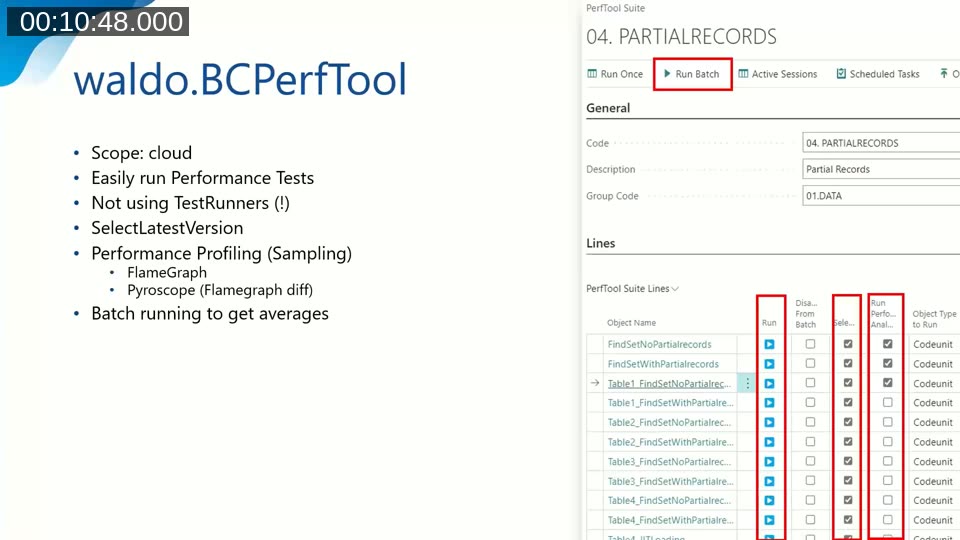 waldo.BCPerfTool slide listing its features (cloud scope, no test runners, SelectLatestVersion, sampling-based performance profiling with FlameGraph and Pyroscope, batch runs for averages) next to a screenshot of the PerfTool Suite page in Business Central