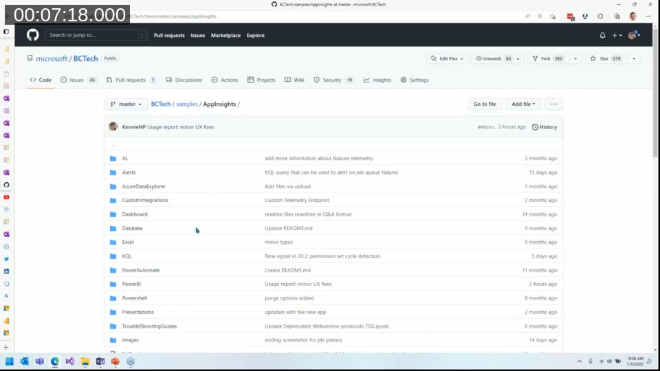 GitHub microsoft/BCTech repository showing the samples/AppInsights folder structure with AL, Alerts, KQL, PowerBI, and Presentations subfolders