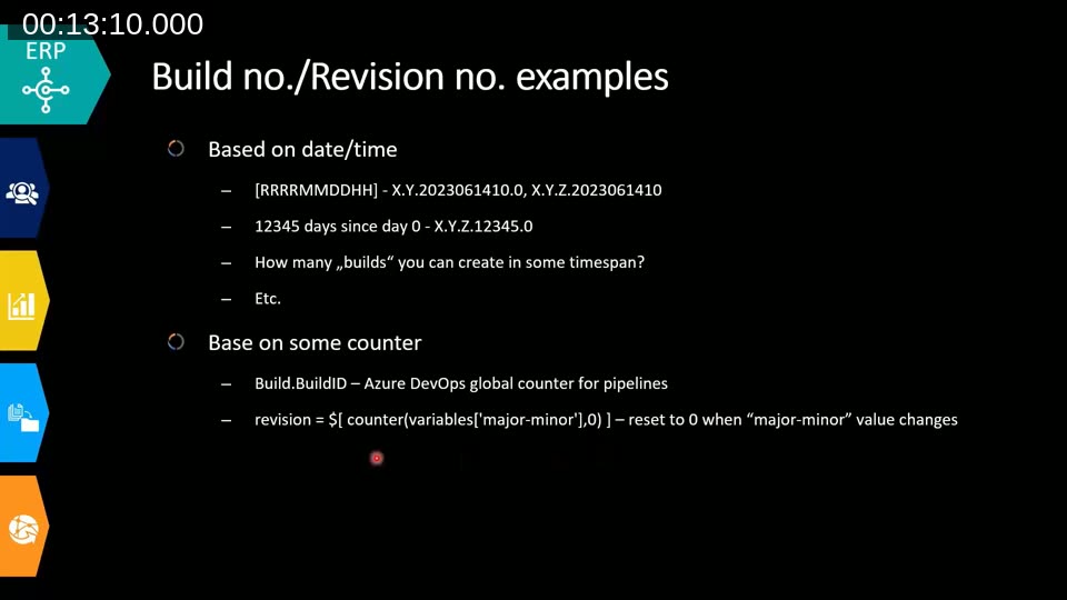 Slide listing build/revision number examples: date-time based formats and counter-based approaches like Azure DevOps Build.BuildID