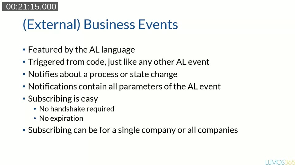 Slide listing the characteristics of (external) business events in Business Central
