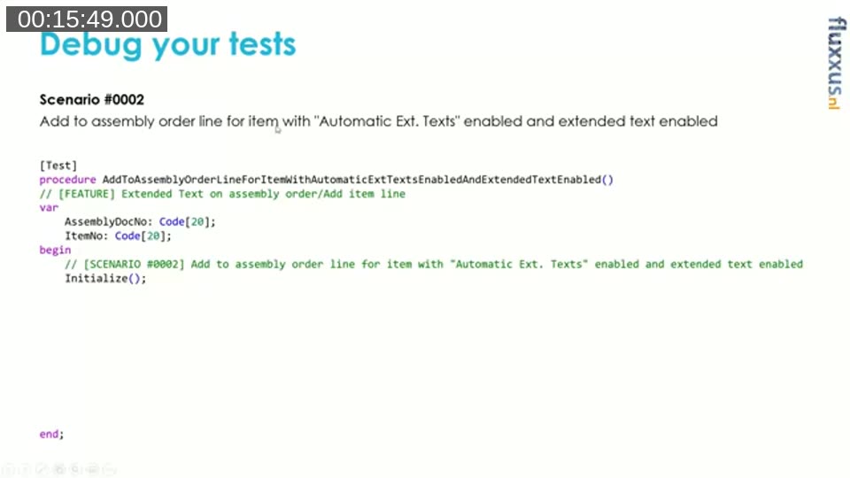 Slide showing the AL test method AddToAssemblyOrderLineForItemWithAutomaticExtTextsEnabledAndExtendedTextEnabled with Given/When/Then style comments