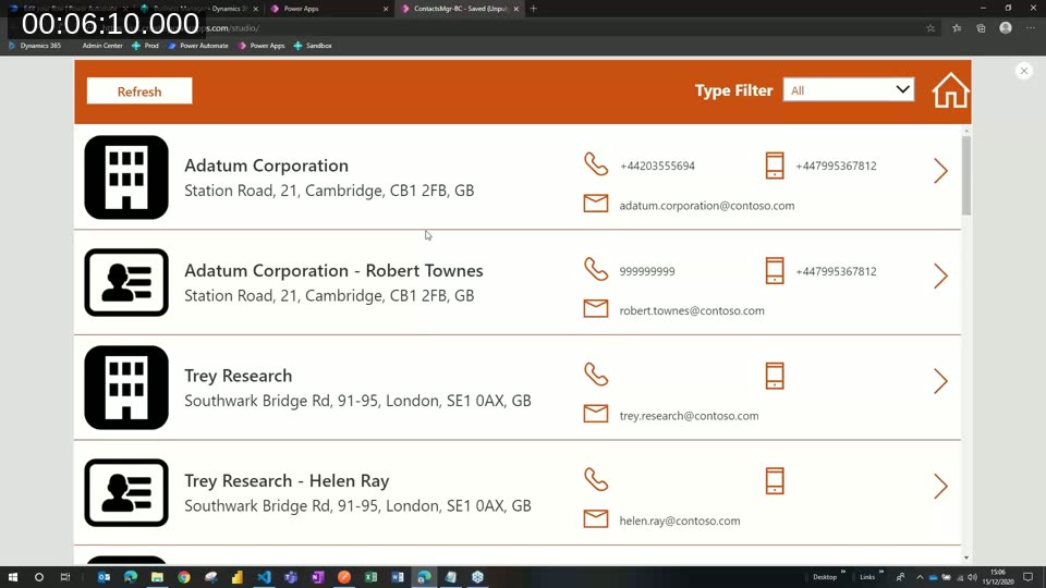 A simple Power App listing contact records with phone, mobile, and email details, built on a custom connector