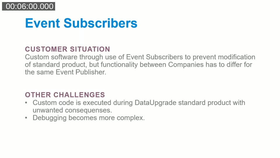 Slide listing the challenges with Event Subscribers: per-company behavior, DataUpgrade interference, and debugging complexity