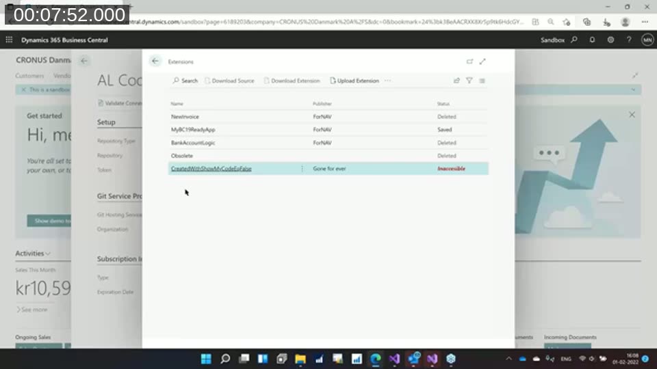Extensions overview list in Business Central showing extensions with Deleted, Saved, and Inaccessible statuses