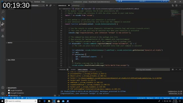 TypeScript code in VS Code calling vscode.extensions.getExtension('dynasit.al-studio') and reading the exports property