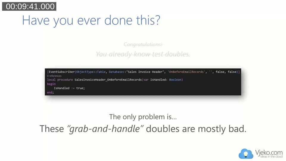 AL event subscriber that sets IsHandled to true on OnBeforeEmailRecords, illustrating the grab-and-handle anti-pattern