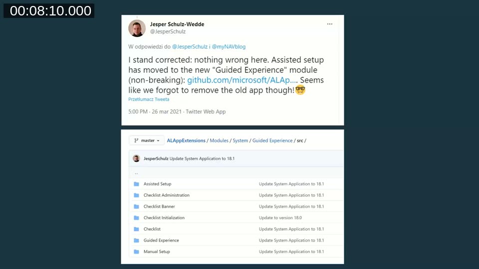 Tweet confirming Assisted Setup moved to the new Guided Experience module, alongside the ALAppExtensions GitHub repo showing folders for Assisted Setup, Checklist, and Guided Experience