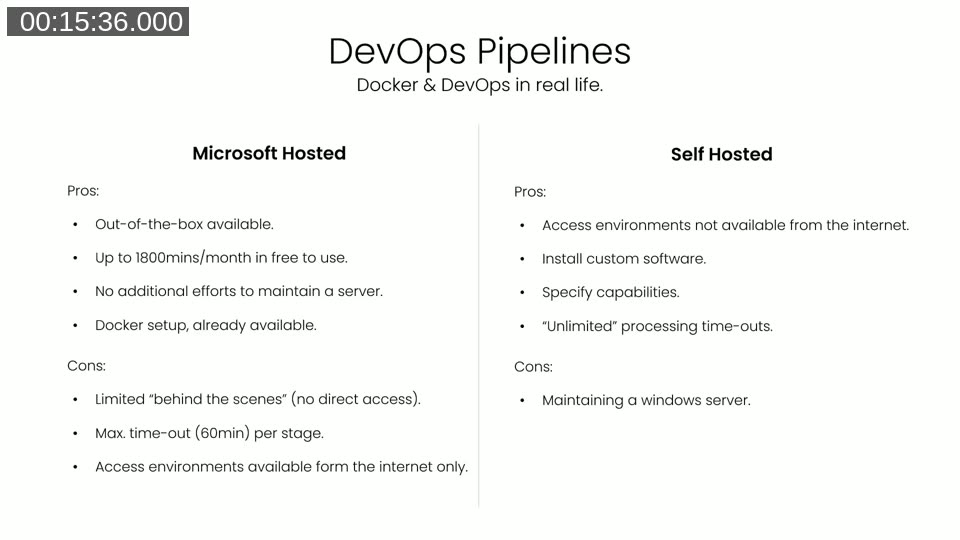 Comparison table of pros and cons for Microsoft-hosted versus self-hosted Azure DevOps agents