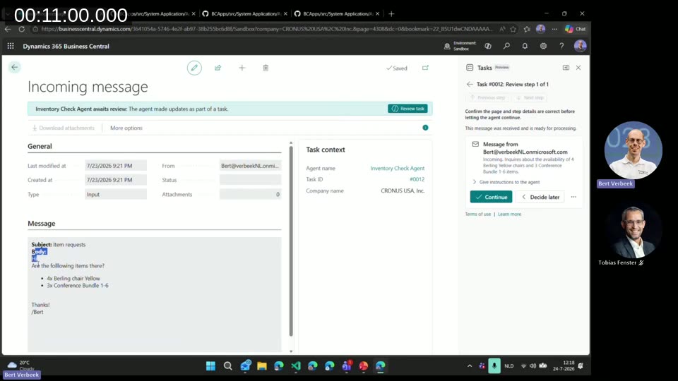Incoming message page in Business Central showing an inventory request email and a task review panel awaiting the user's decision