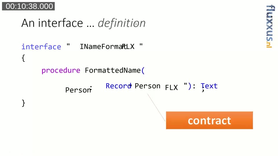 AL code slide defining the INameFormat interface as a contract with a FormattedName method