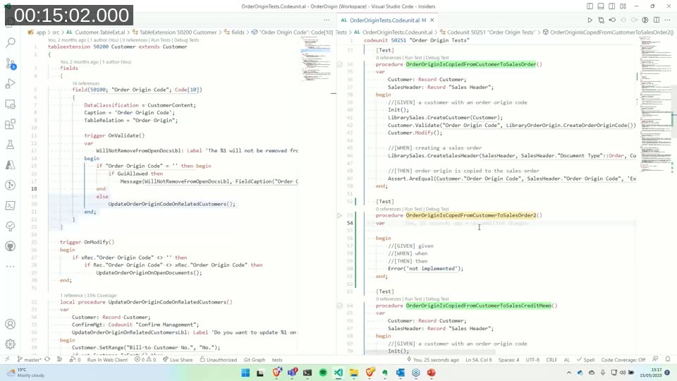 Visual Studio Code side-by-side view of production code and AL test code with Given/When/Then comments for the Order Origin test scenario
