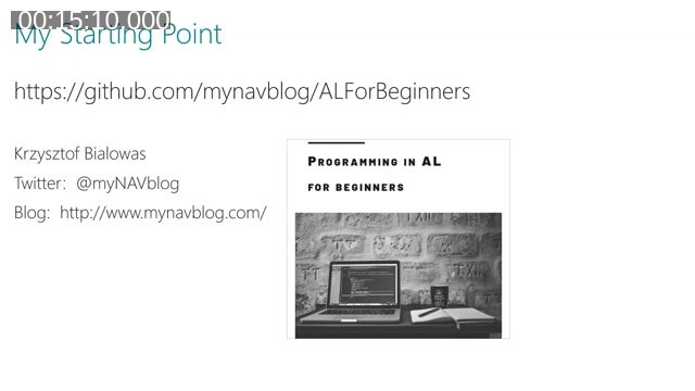 Slide titled 'My Starting Point' showing Krzysztof Bialowas's 'Programming in AL for Beginners' workbook and its GitHub link github.com/mynavblog/ALForBeginners