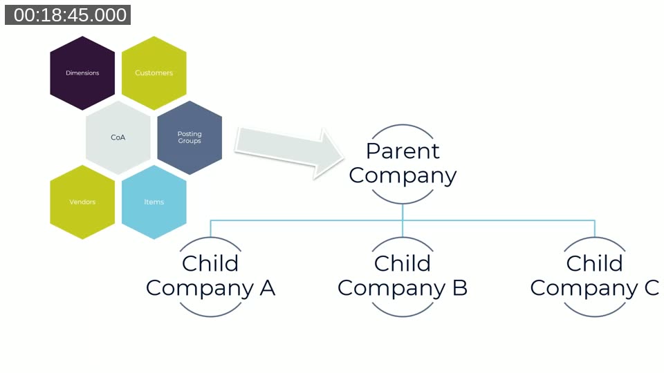 Diagram showing master data types (chart of accounts, customers, vendors, items, dimensions, posting groups) flowing from a parent company to child companies A, B, and C