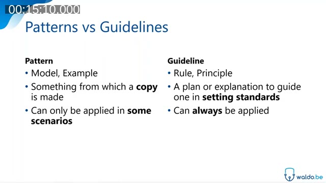 Slide comparing Patterns (model, example, applies in some scenarios) versus Guidelines (rule, principle, always applies)