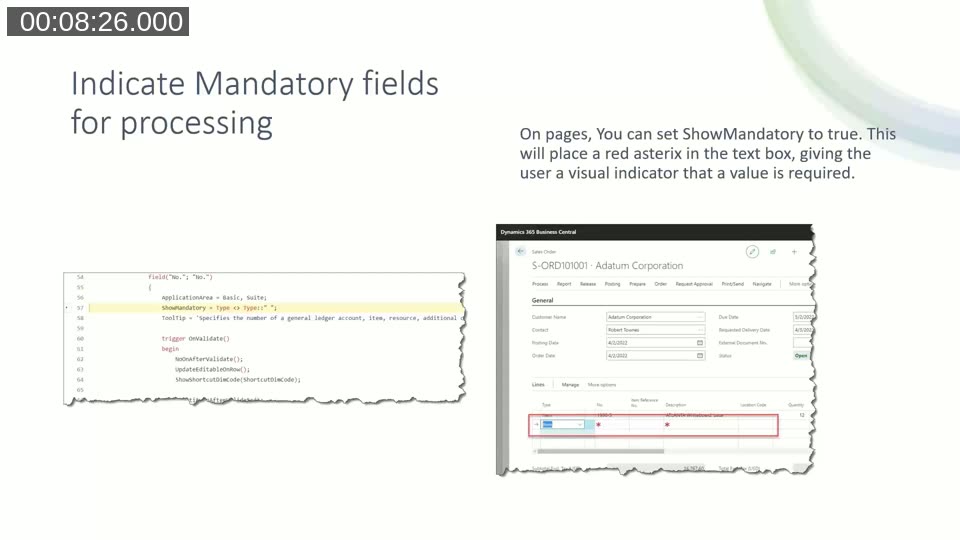 AL code showing the ShowMandatory property next to a sales order page displaying red asterisks on required fields
