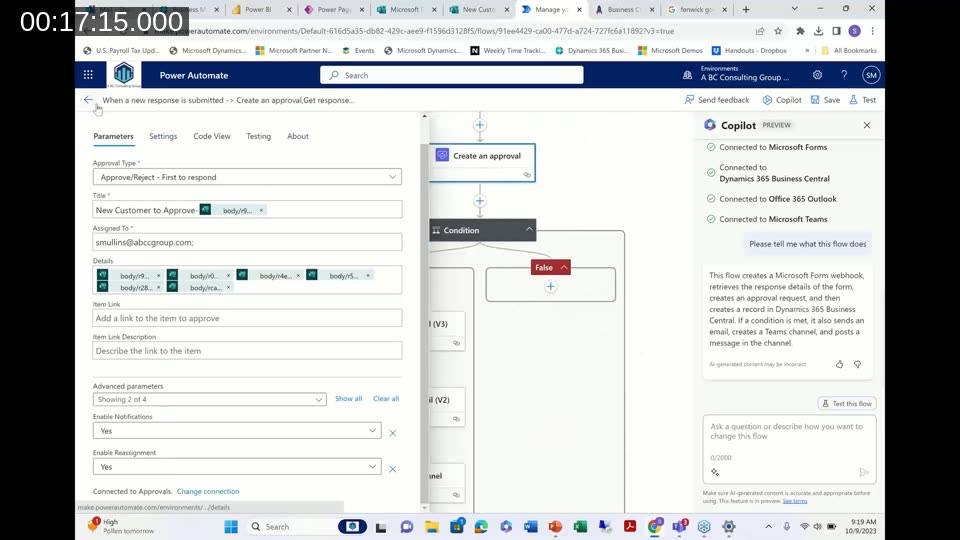 Power Automate flow editor showing an approval step connected to Microsoft Forms, Dynamics 365 Business Central, Outlook, and Teams, with the Copilot panel summarizing what the flow does