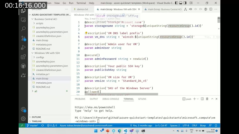 Visual Studio Code showing a Bicep file with parameters for deploying a Windows VM with SSH from the Azure Quickstart Templates repository