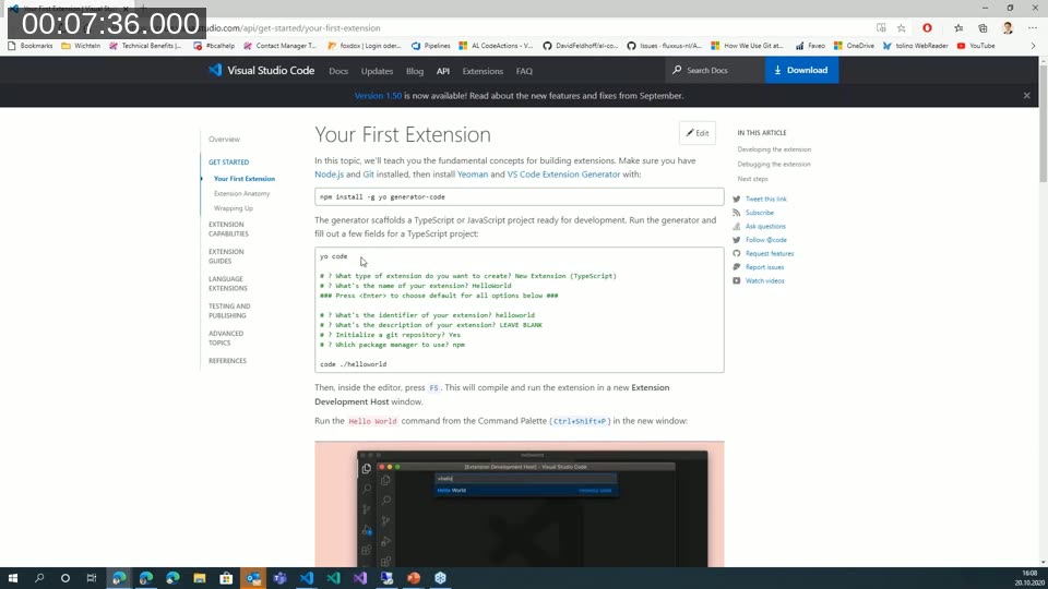 VS Code Extension API documentation page Your First Extension, showing the npm install -g yo generator-code and yo code commands