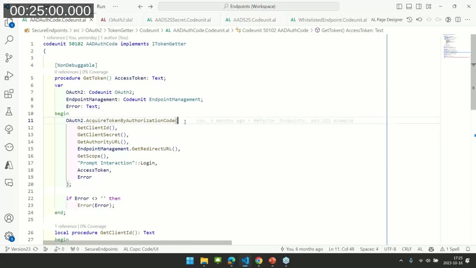 AL code calling OAuth2.AcquireTokenByAuthorizationCode from the system application's OAuth2 codeunit