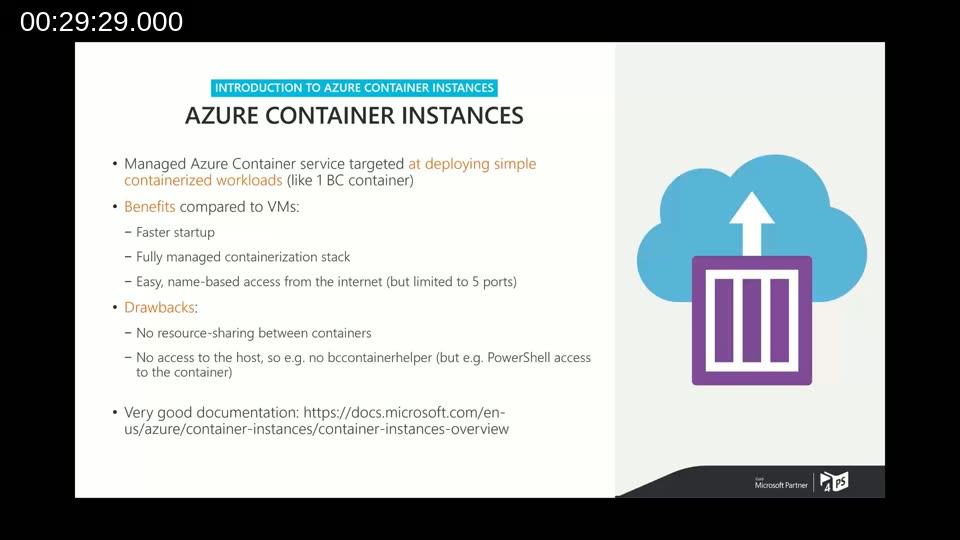Slide listing the benefits and drawbacks of Azure Container Instances compared to virtual machines