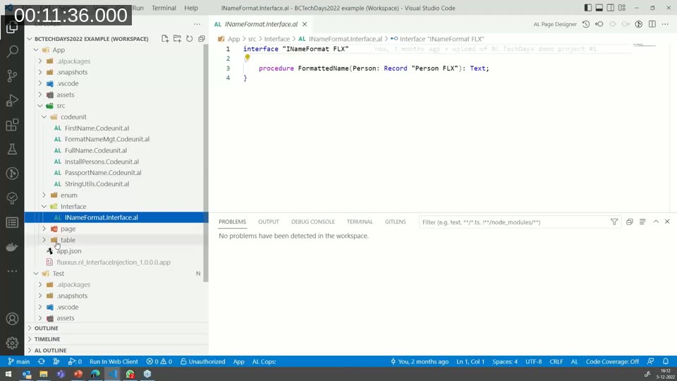 Visual Studio Code showing the INameFormat interface AL source file