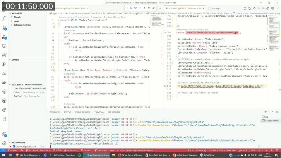 VS Code debugger paused on a breakpoint inside an AL test procedure using AL Test Runner