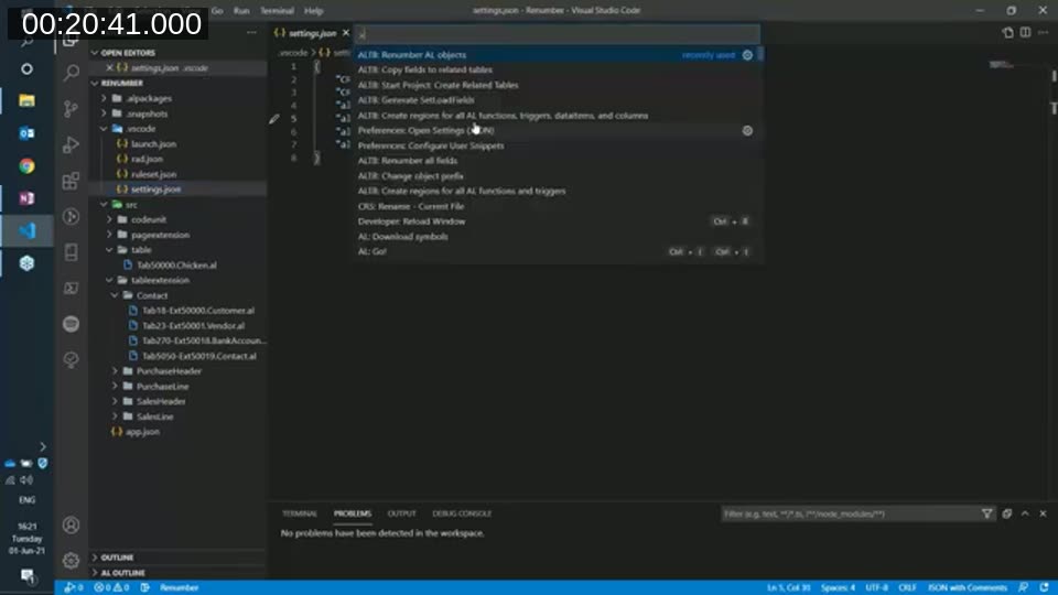 VS Code command palette listing AL Toolbox commands including Renumber AL objects, Copy fields to related tables, Create Related Tables, Generate SetLoadFields, and Change object prefix