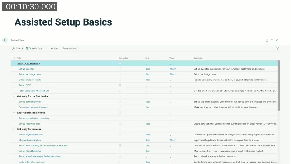 Standard Business Central Assisted Setup page showing grouped setup tasks with completion, help, and video columns