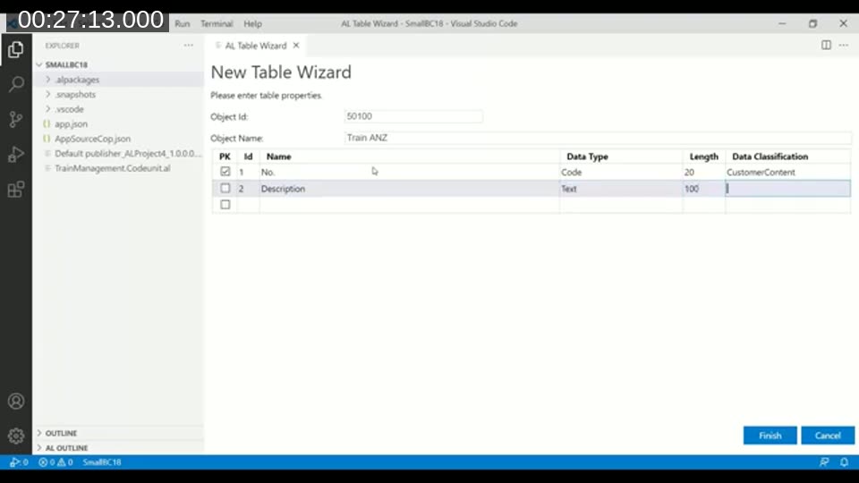 AZ AL Dev Tools New Table Wizard showing object ID, object name, and a field grid with primary key, data type, length, and data classification columns