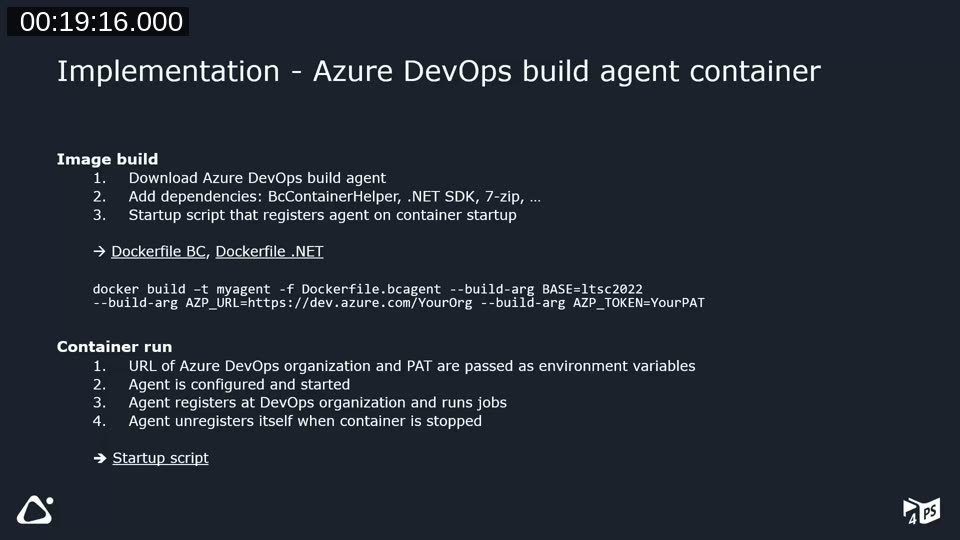 Slide showing the Azure DevOps build agent container implementation steps and the docker build command with BASE, AZP_URL and AZP_TOKEN arguments
