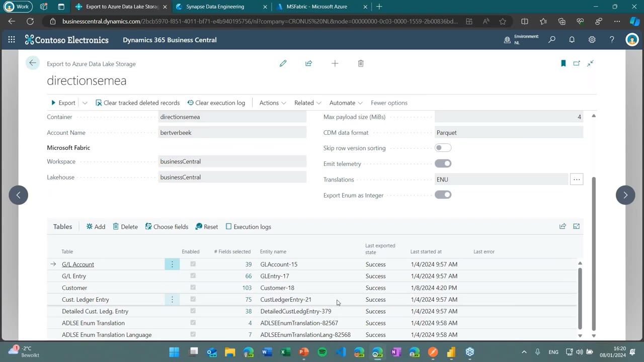 The same Export to Azure Data Lake Storage page scrolled down to the Tables list, showing G/L Account, G/L Entry, Customer and other tables enabled for export with their last exported state.