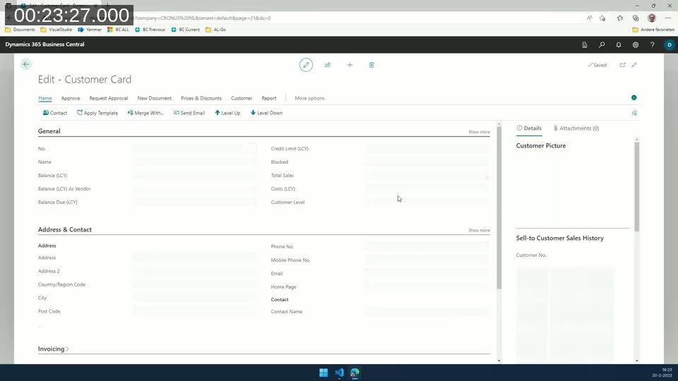 Business Central 21 customer card showing the modern action bar with a Home group and promoted Level Up and Level Down actions