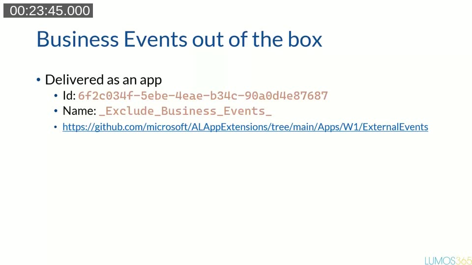Slide showing the standard Business Events app ID, name, and GitHub source link