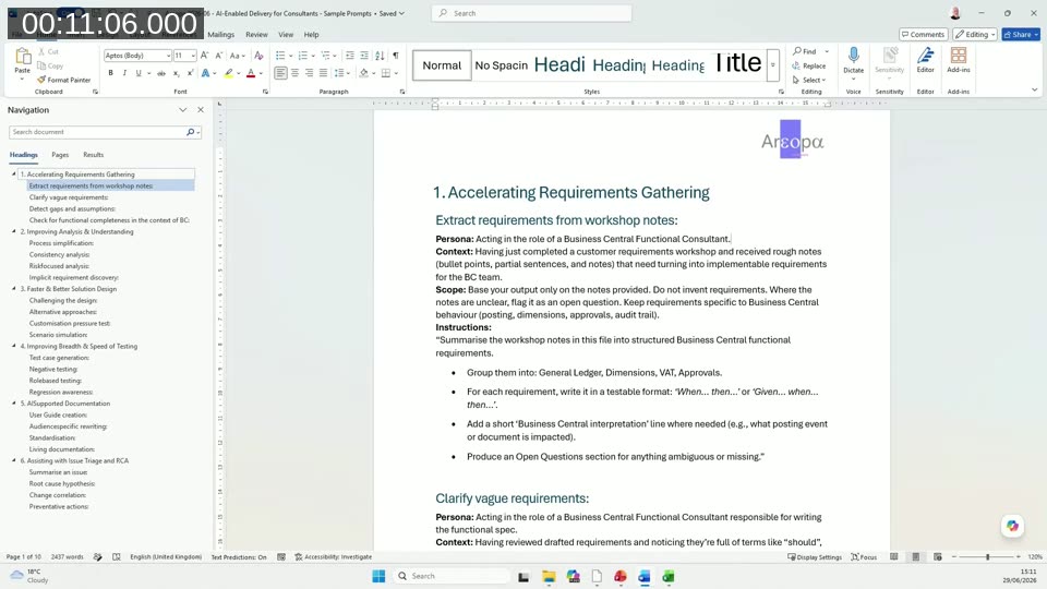 Copilot in Word generating structured requirements-extraction prompts from workshop notes