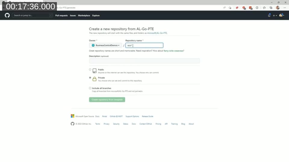 GitHub 'Create a new repository' screen using the AL-Go-PTE template