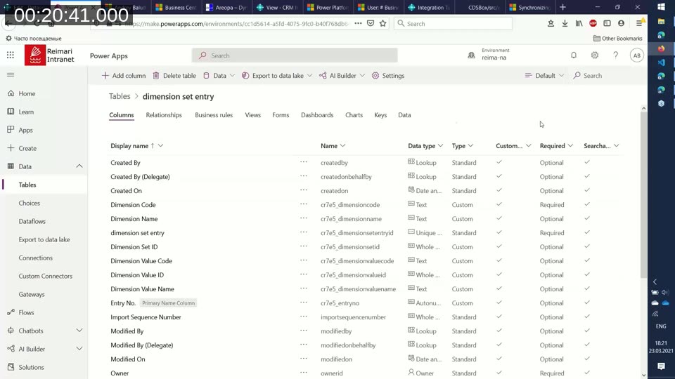 A manually created Dataverse table (dimension set entry) with columns matching a Business Central table