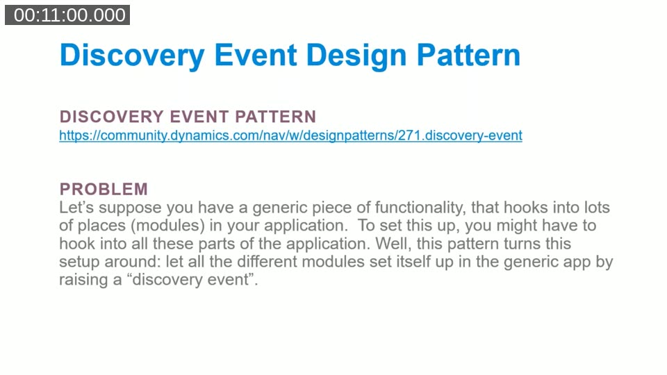 Slide explaining the Discovery Event Design Pattern: modules set themselves up in the generic app by raising a discovery event