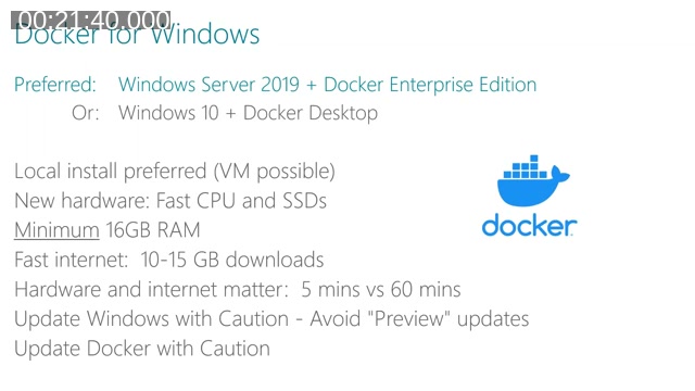 Slide titled 'Docker for Windows' listing hardware and setup recommendations: Windows Server 2019 with Docker Enterprise Edition preferred, local install, fast CPU and SSDs, minimum 16GB RAM, fast internet, and caution with Windows/Docker updates