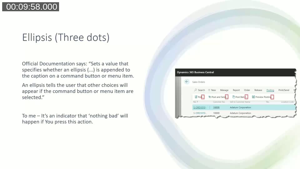 Slide explaining the Ellipsis property next to a sales order Posting menu showing Post..., Post and Send..., and Preview Posting actions