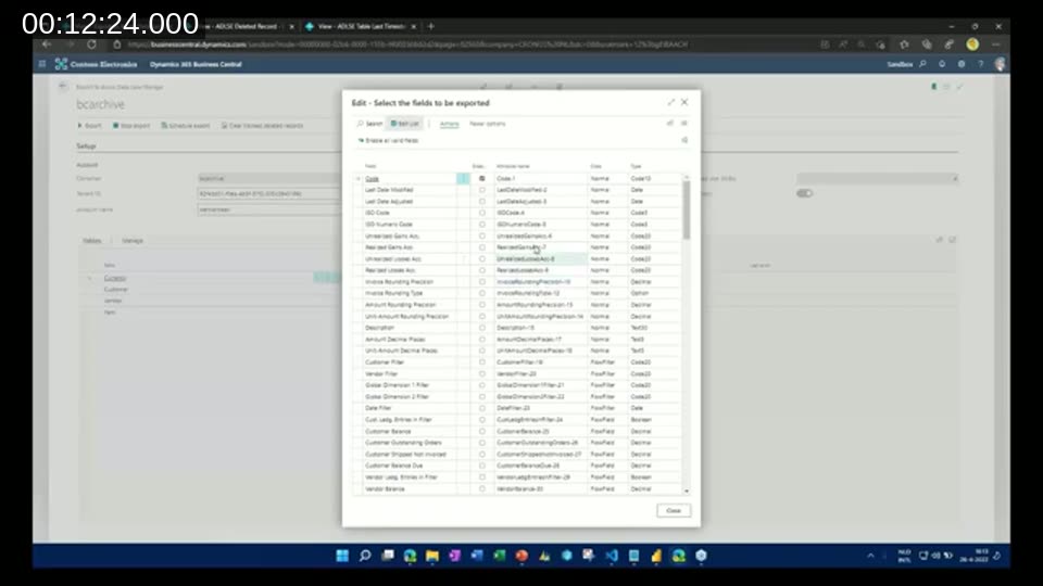 Business Central Export to Azure Data Lake Storage page showing the field selection dialog for the Customer table