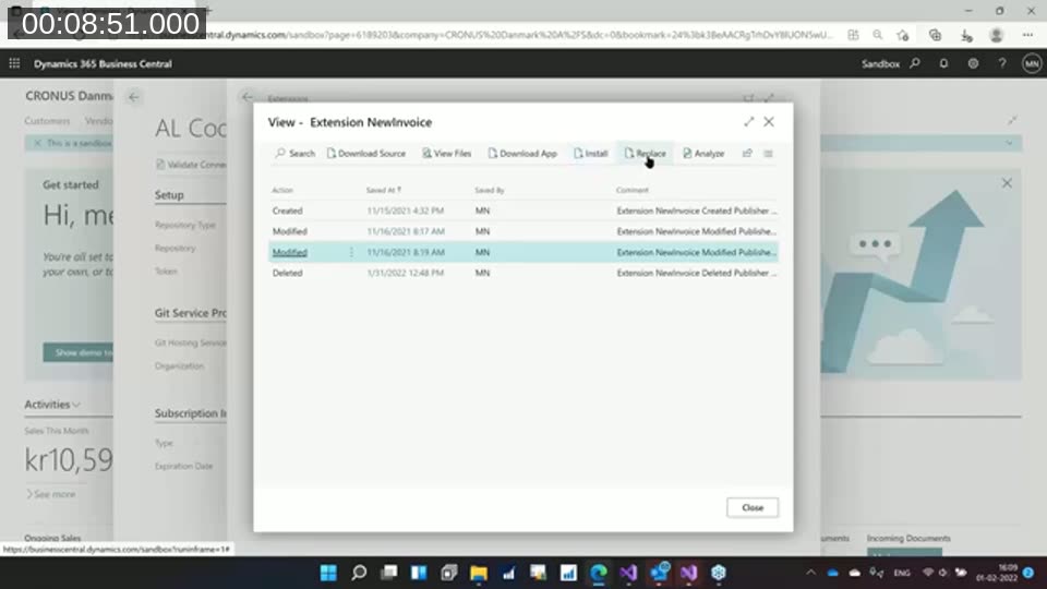 Extension version history showing Created, Modified, and Deleted actions with timestamps and the user who made each change