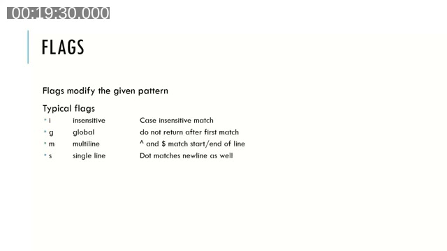 Slide listing typical regex flags: i (insensitive), g (global), m (multiline), and s (single line)