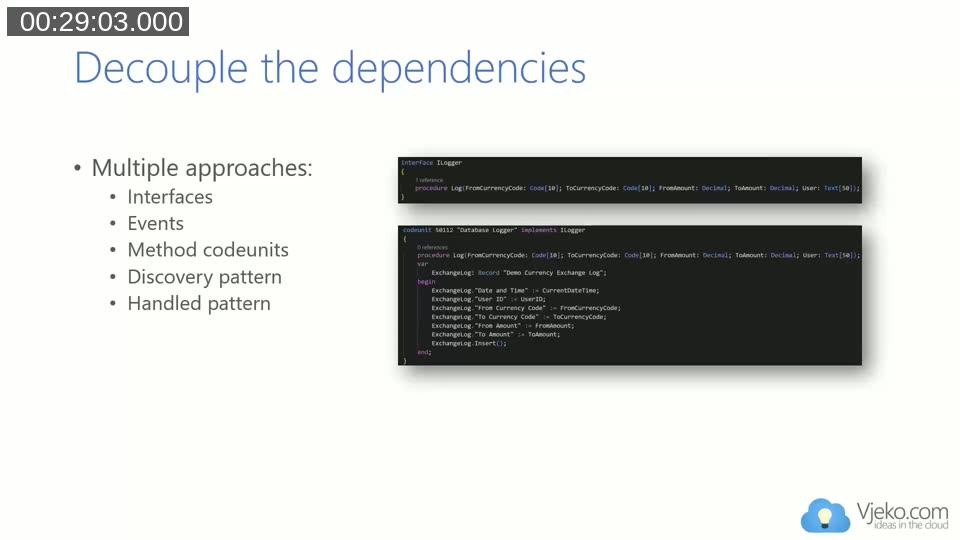 ILogger interface and a Database Logger codeunit implementing it, showing how to decouple a dependency