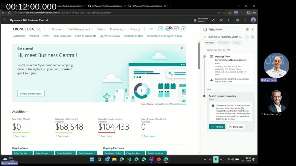 Task panel showing the agent flagging insufficient inventory for the Conference Bundle and requesting a vendor number