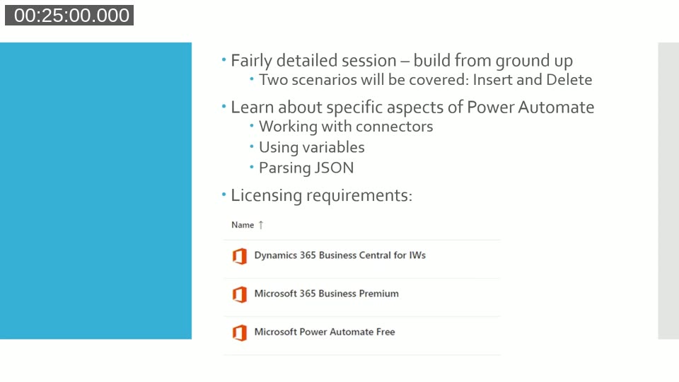 Slide listing the licensing requirements: Dynamics 365 Business Central for IWs, Microsoft 365 Business Premium, and Microsoft Power Automate Free